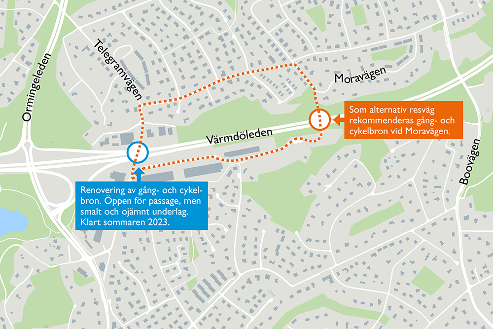 Karta som visar renoveringen av gång- och cykelbro över Värmdöleden, mellan Telegramvägen och Prästkragens väg