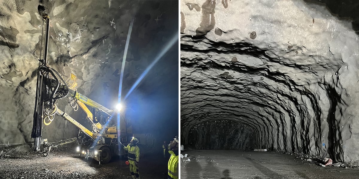 Bild vänster: Här borras det för att förstärka bergets tak. Bild höger: Bild: Plattformsrummet - här kommer framtida resenärer att kliva på och av tunnelbanan