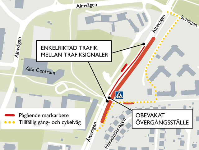 karta över trafikstörande arbeten Ältavägen