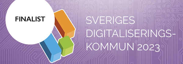 Grafik med text "Finalist Sveriges digitaliseringskommun 2023"